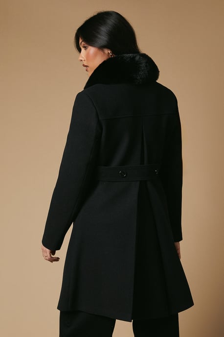Faux Wool Button Through Dolly Coat With Fur - Image 3