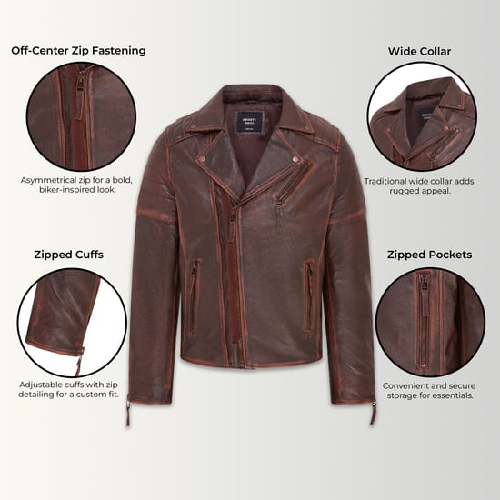Mens Brown Brando Double Cross Zip Leather Biker Jacket- Fagernes