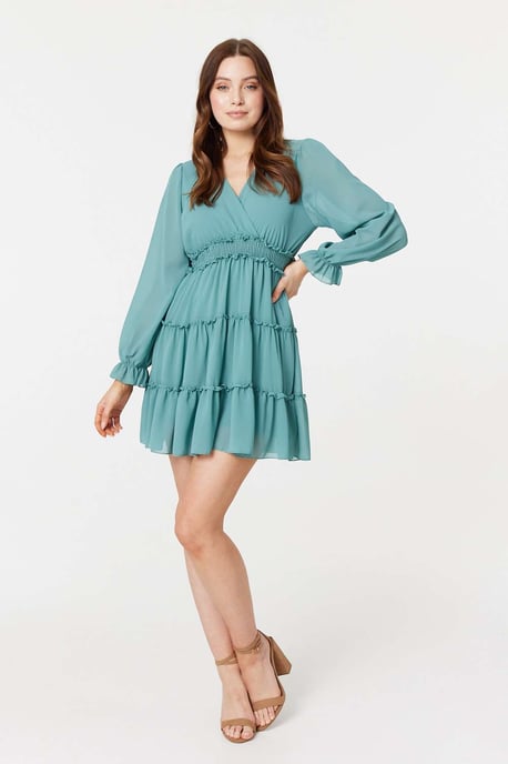 Green Lace Detail Long Sleeve Mini Dress