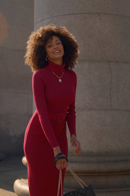 Cherry Red Belted Ribbed Knit Midi Dress
