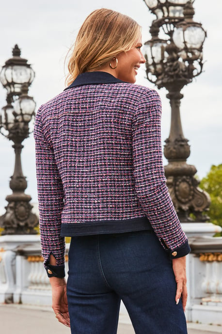 Indigo Boucle & Denim Jacket With Gold Button Detail