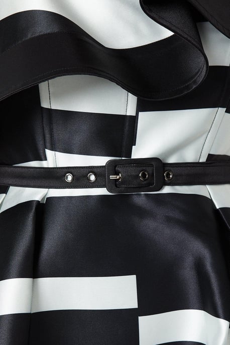 Lisa Tan Geo Stripe Monochrome Ruffle Shoulder Midi Dress