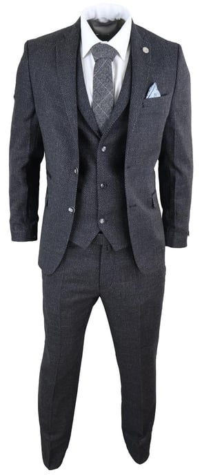 Heren 3-delige Zwarte Visgraat Tweed Kostuum - Image 2
