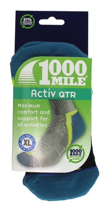 1000 Mile - Heren Actieve Kwart Repreve Gevoerde Sokken met Platte Teenzijde - Zwart / Teal - Image 2