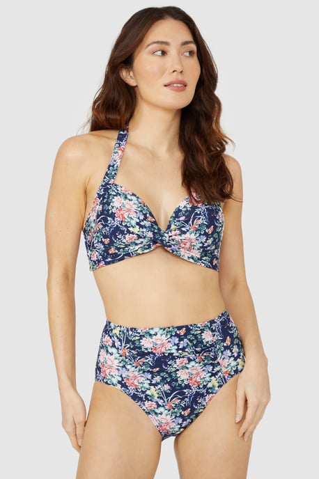 Navy Floral Non Wired Padded Twist Front Bikini Top - Image 1
