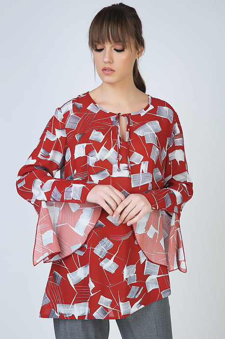 Loose Fit Print Top with Bell Sleeves