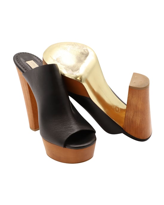 Stella McCartney Scott Wooden Block Heel Platform Sandals in Faux Leather Black