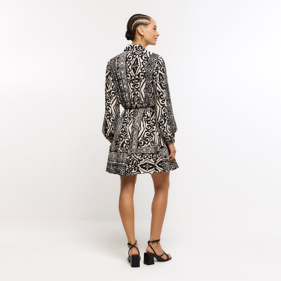 River Island Womens Mini Shirt Dress Black Aztec Belted