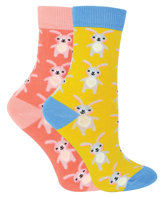 Set van 2 sokken met dierenprint voor meisjes | Miss Sparrow | Casual grappig patroon crew bamboe sokken | Grappige nieuwe sokken voor kinderen - Konijnen - Image 1