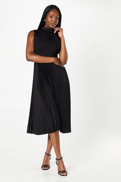 Panelled Ponte Top Pleated Skirt Midi Dress