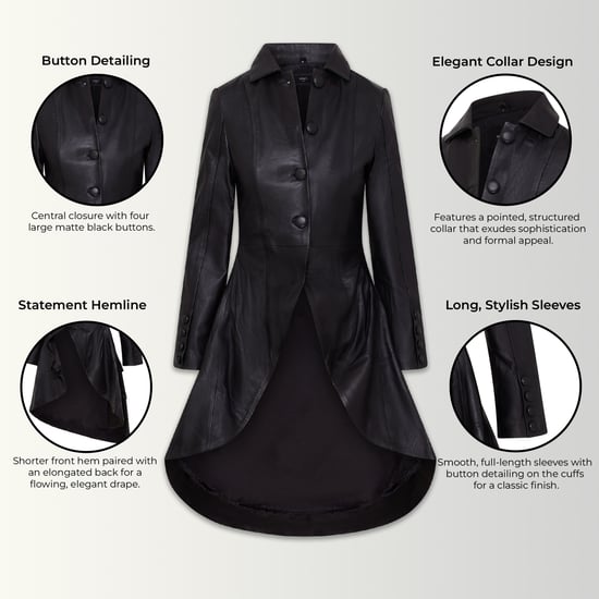 Womens Black Gothic Full Length Victorian Leather Coat - Vantaa