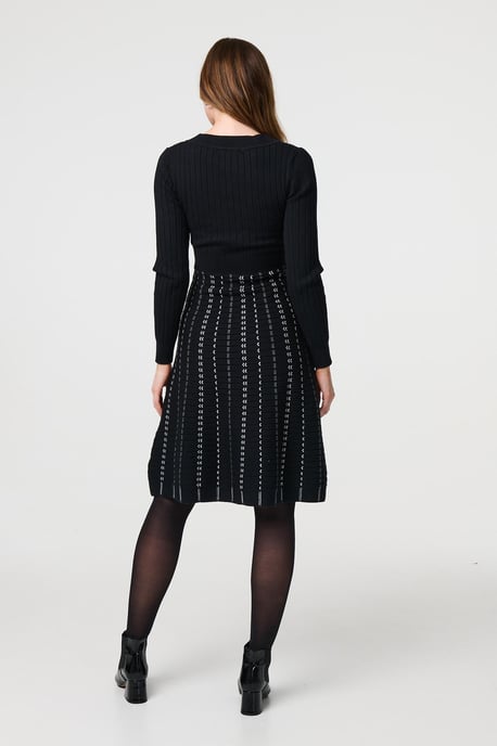 Black Striped Long Sleeve Midi Knit Dress