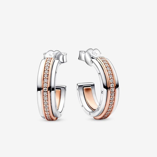Pandora 'Signature Two-tone' Women's 925 Sterling Silver Hoop Earrings - Silver/Rose 282737C01