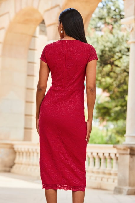 Raspberry Pink Short Sleeve Lace Jersey Dress