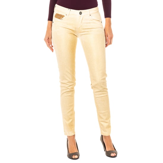 Shiny effect stretch pants with skinny-cut hems HWT012 woman