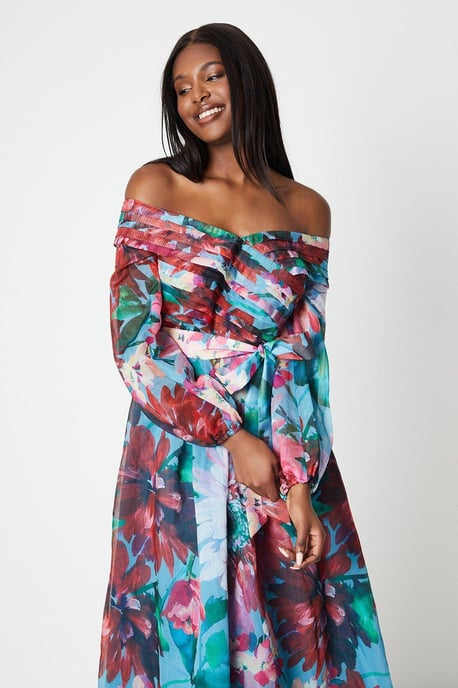 Organza Pleated Bodice Bardot Long Sleeve Midi Dress