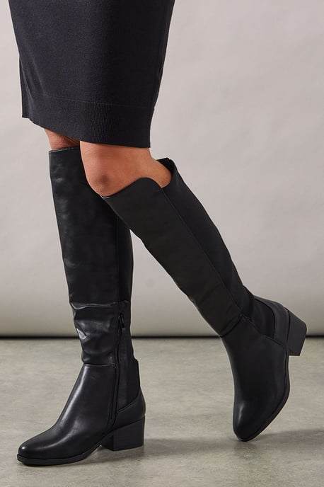 Wide Fit Hannah Elastic Back Low Heel Almond Toe Knee Boots - Image 1