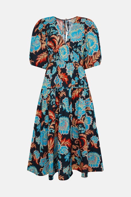 Detailed Pintuck Puff Sleeve Cotton Poplin Midi Dress