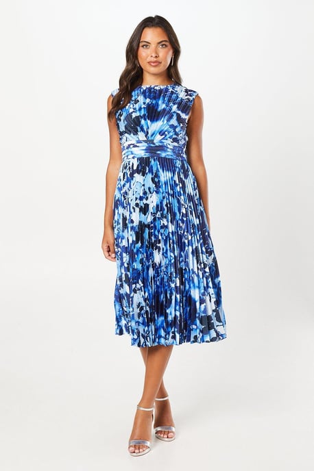 Printed Pleated Satin Midi Dress - Image 1