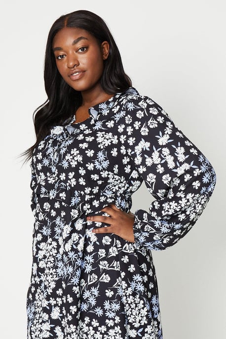 Curve Floral Button Front Ruffle Midi Dress