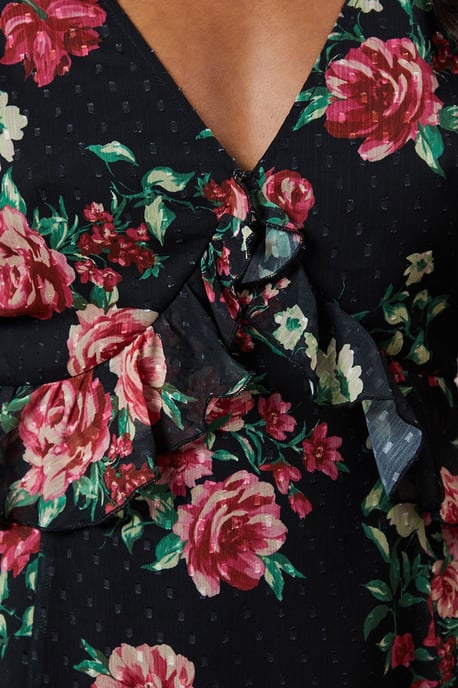 Floral Lace Sleeve Ruffle Front Midi Dress