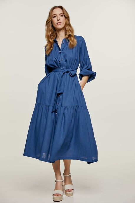 Linen Style Blue Dress with Pockets