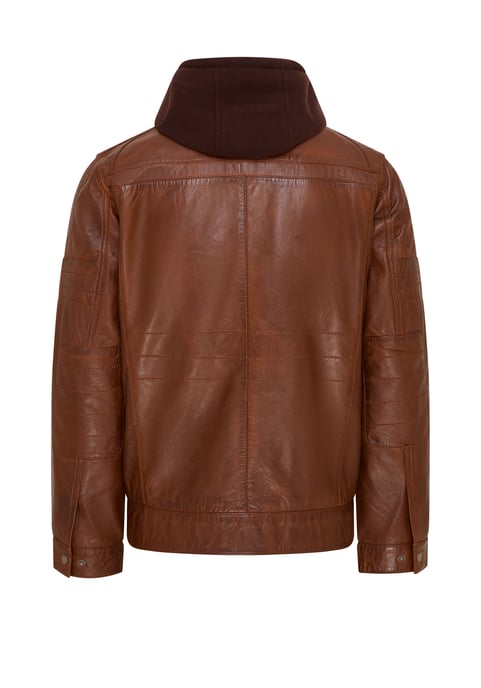 Mens Brown Hooded Leather Biker Jacket - Stavern