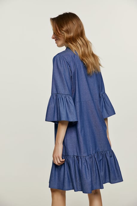 Denim Jurk met Klokmouwen en Ruches - Image 4