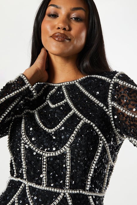 Pearl Detail Mini Dress With Long Sleeve