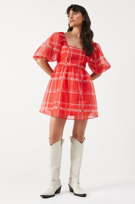 Print Organza Square Neck Mini Smock Dress