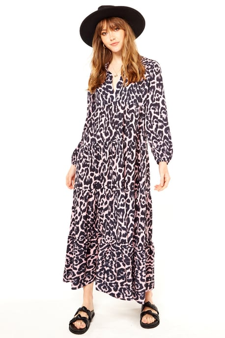 Pink Animal Print Tiered Maxi Dress