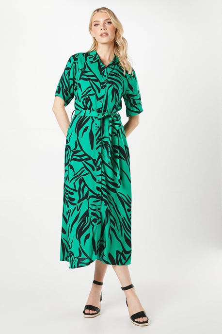 Printed Midi Belted Shirt Dress