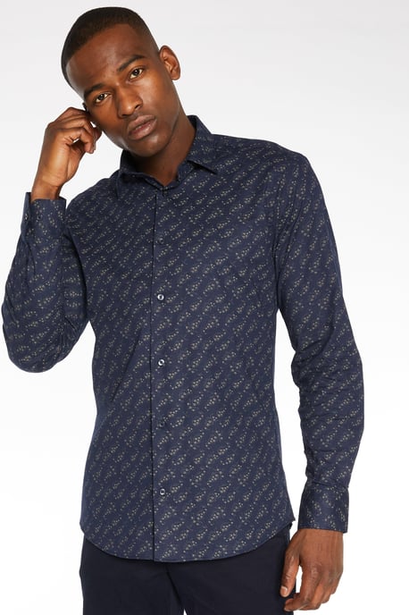 Navy Base Floral Printed Long Sleeved Shirt