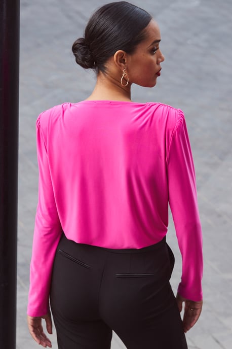 Hot Pink Corsage Detail Ruched Shoulder Top