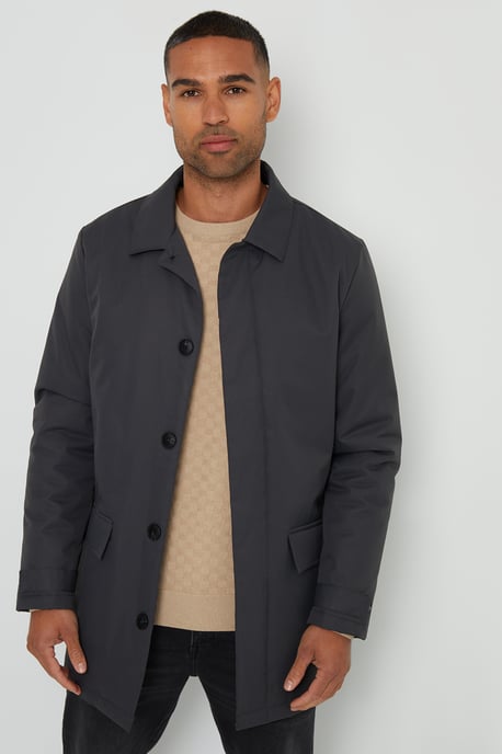 Charcoal 'Hanson' Showerproof Button Up Collared Mac Jacket