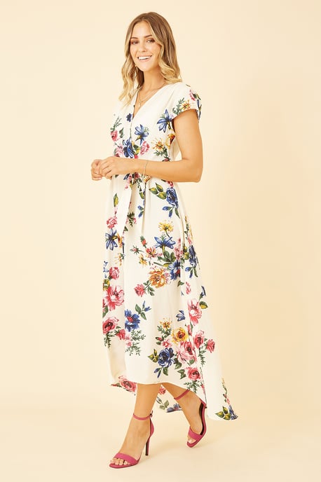Mela Ivory Floral Wrap Dip Hem Dress