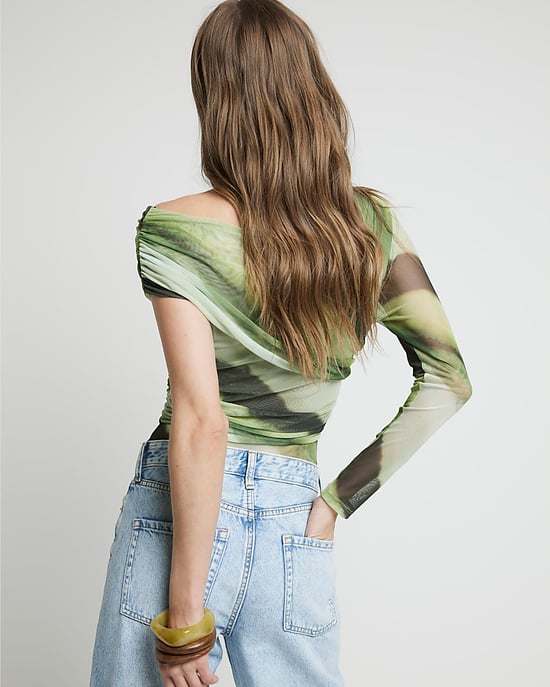 River Island Womens Bodysuit Green Mesh Asymmetric