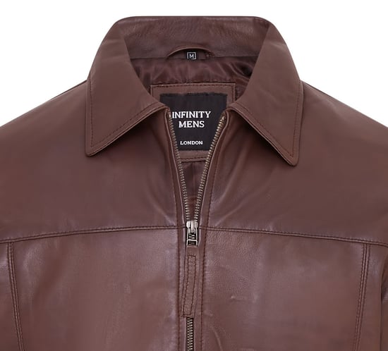 Mens Brown Retro Classic Leather Harrington Biker Jacket - Drammen