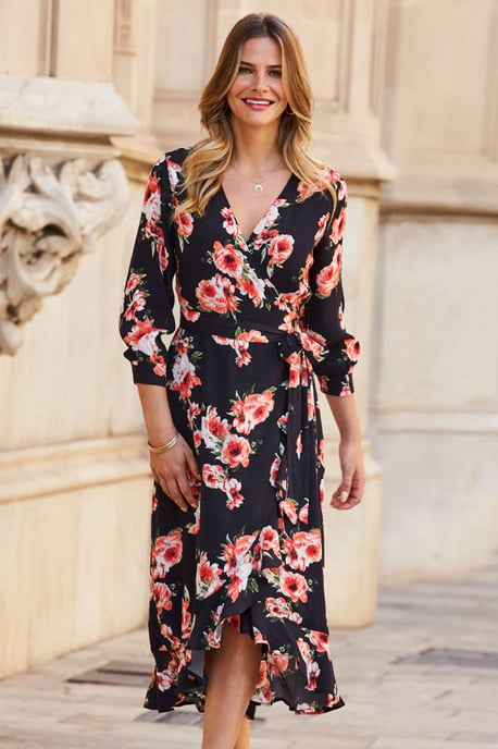 Black Floral Print Ruffle Hem Midi Wrap Dress