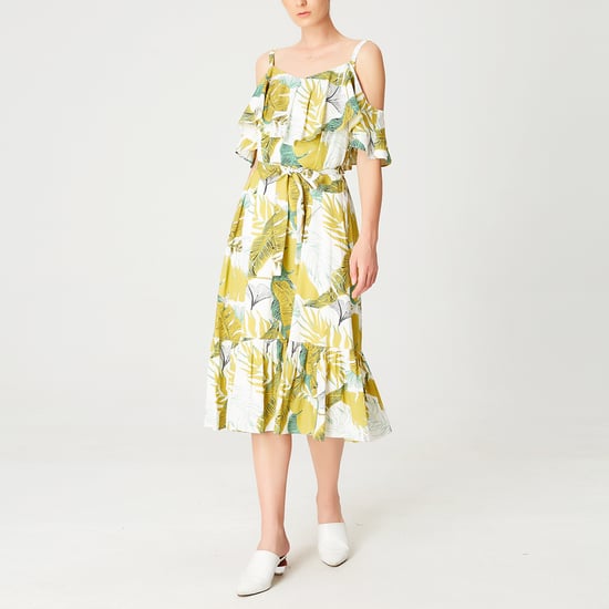 Tropical print trapeze dress with ruffles and thin straps