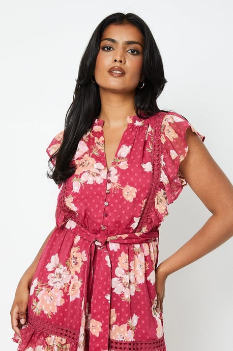 Floral Dobby Chiffon Trim Belted Midi Dress