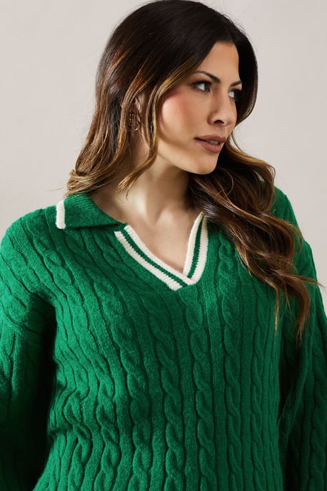 Cable Knit Tipped Collared Jumper