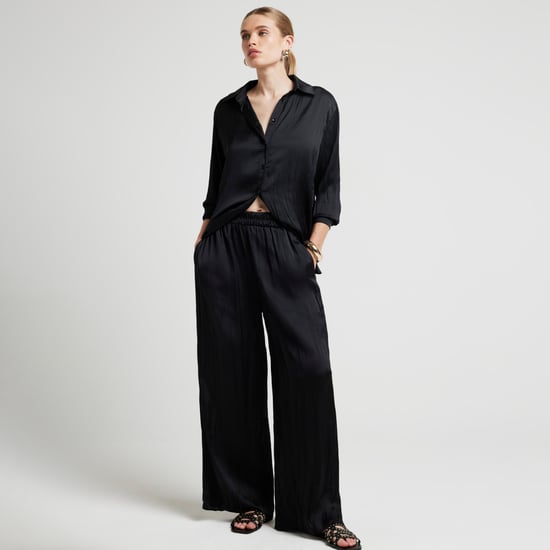 River Island Womens Shirt Black Crinkle Satin Collared Long Sleeve - Image 2