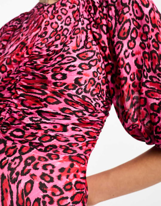 Whistles puff sleeve midi dress in pink leopard