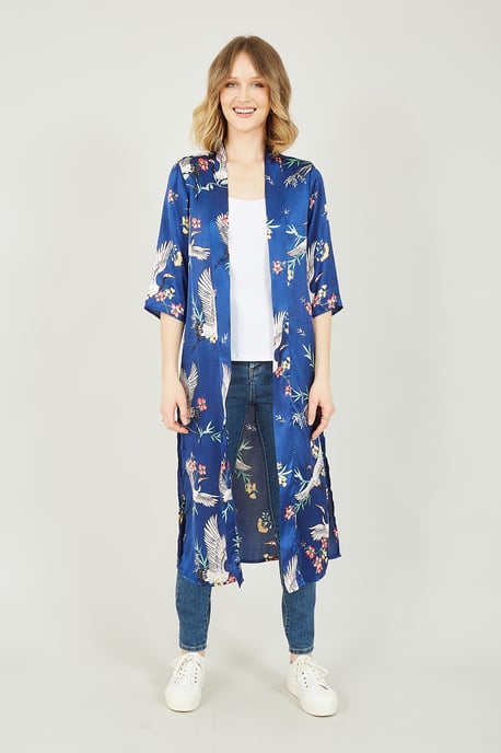 Yumi Navy Satin Crane Print Kimono