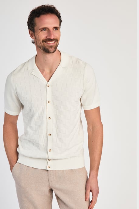 Ecru Cotton Knitted Check Shirt