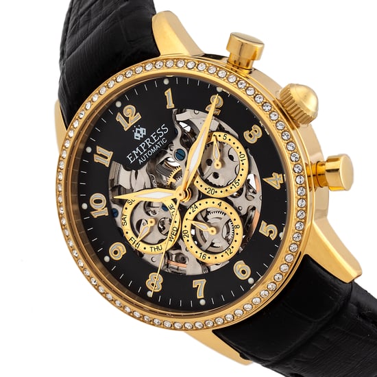 Empress Beatrice Automatic Skeleton Dial Leather-Band Watch w/Day/Date