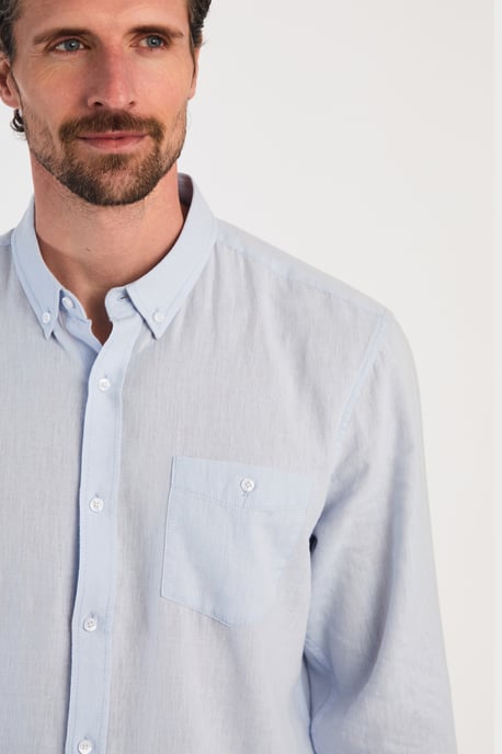 Blue Linen Blend Long Sleeve Button-Up Shirt With Chest Pocket
