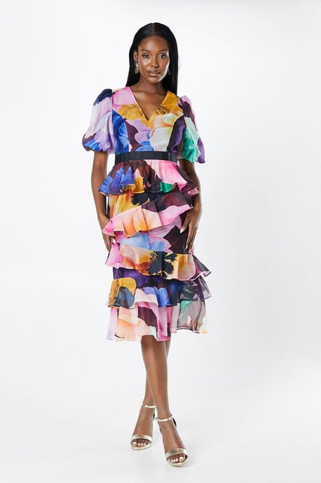 Floral Print Tiered Skirt Puff Sleeve Midi Dress