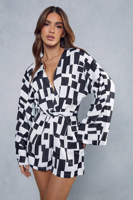 Monochrome Abstract Satin Print Playsuit
